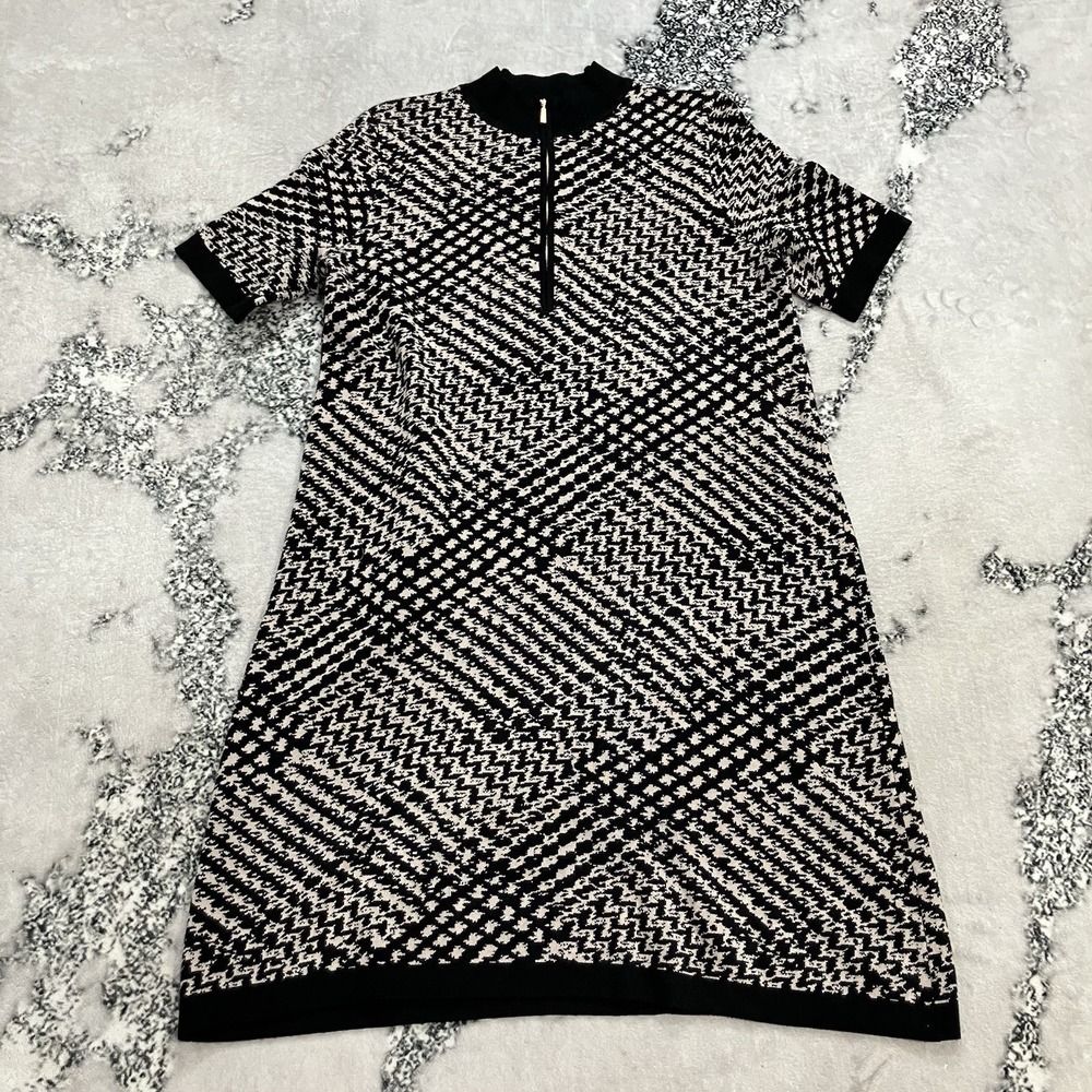 Calvin Klein Knit Sweater Dress Geometric Pattern Half Zip Mock Neck Large